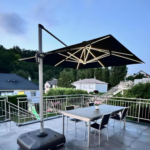 PURPLE LEAF Sombrilla Terraza Exterior 3 x 3 m con Led de Aluminio Parasol Terraza, Rotación de 360°, Sombrillas Jardin Grandes con Manivela y Protección UV 50+, Gris