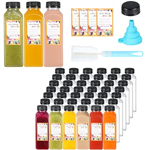 Dabacc Juice Bottles, 45Pcs 12oz Plastic Juice Bottles with Caps Airtight Reusable Clear Empty Water Containers Includes Label Funnel Brush for Juicing Drinking Beverage Smoothies Fridge（12oz）