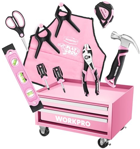 WORKPRO Pink Real Tool Set for Kids with 12 Inch Mini Steel Tool Box with Wheels, 10PCS Kids Real Tools with 2 Drawers Desk Metal Rolling Tool Chest, Children's Tool Kit for Home DIY- Pink Ribbon