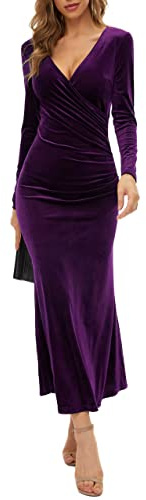 Dampaket höftkjol V-ringad smal business medelhög midja långärmad sammet fiskstjärt klänning aftonklänning, Mörklila, S
