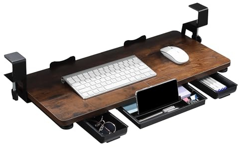 Keyboard Tray Under Desk with Drawer,26.77 X 11.81Large Size Keyboard Tray with C Clamp-on Mount, Easy to Install, for Home Office (Mahogany)