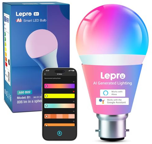 Lepro AI Smart Bulb B22, Music Sync Bayonet WiFi Bulb, Colors Changing Light Bulb Works with Alexa & Google Assistant, 806lm, App & Voice Control, Personalized AI Lighting Designer