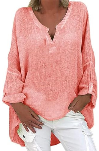 Blitzangebot Musselin Bluse Damen Freizeit Lose Langarm Große Größen Shirt Leinenbluse Damen Sommer Button-Down Stehkragen Langarmshirt Kleid Top Damen Alzheimer Mode V-Ausschnitt Langarm 2105 Neu