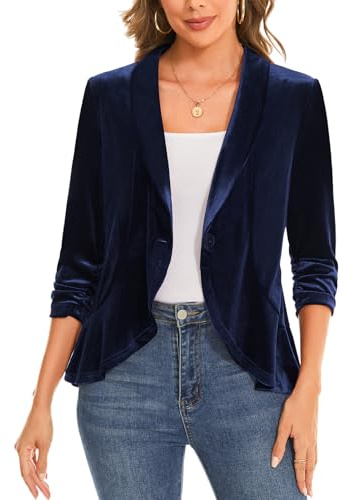MINTLIMIT Shawl Collar Women's Velvet Blazer with 3/4 Sleeve Ruffle Hem Navy Cardigan One-Button Coat for Business and Leisure (Navy M)