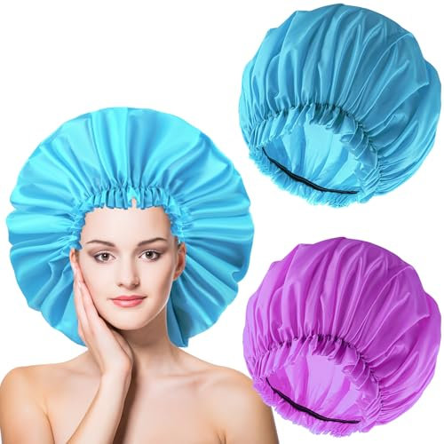 2 Stück Große Duschhauben XL, 16inch Wasserdichte Plastik-Duschhauben für Langes, Dickes, Lockiges Haar, Locs, Twist-Zöpfe (Blau & Lila)