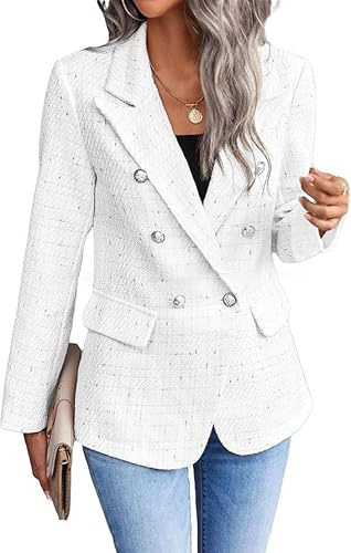FM2018XSL Chaquetas de Tweed para mujer, chaqueta de cuadros de tweed abierta, chaqueta de oficina casual de manga larga con bolsillos, elegante abrigo Blazer, Blanco, XXL