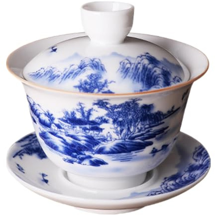 JWCBDY Jingdezhen Chinese Traditional Teaware Gaiwan 6.3oz/180ml Large Gaiwan, Porcelain Kung Fu Tea Cup and Saucer with Lid, Handmade Ceramic Teacups Sancai Tea Bowl Set