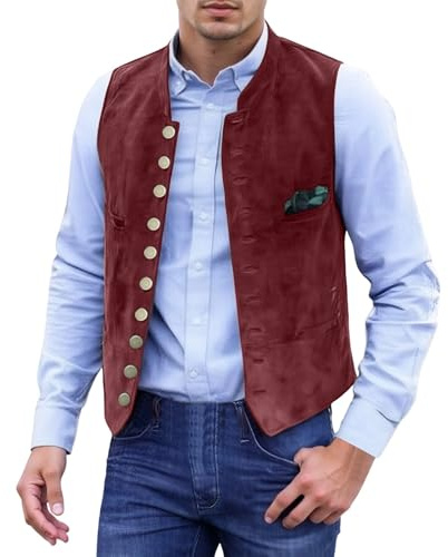 Foweknow Gilet traditionnel pour homme - Col montant - Sans manches - Gilet traditionnel - Gilet traditionnel - Gilet de costume élégant et vintage - Coupe ajustée - Pour la fête de la bière, rouge