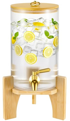 NiHome 4.9L Drink Dispenser for Parties, 4.9 L Glass Iced Beverage Dispenser, Large Glass Party Drink Dispensers for Lemonade, Tea & Juice, Bamboo Lid, Wood Stand & Stainless Steel Spigot (1PC)