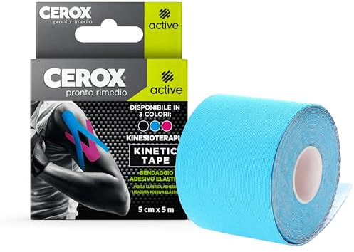 CEROX Active, Kinetic Tape Cerotto Elastico-Efficace per il miglioramento della funzione muscolare e della stabilità articolare-Non limita i movimenti del corpo-1 cerotto in ogni confezione (5cmx5m)
