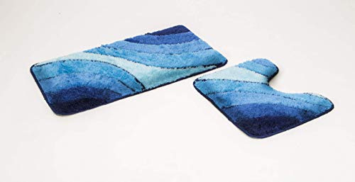 Goodway 2-teiliges Badematten Set Wave, blau mit Ausschnitt │ Rutschhemmend, waschmaschinenfest, geeignet für Fußbodenheizung