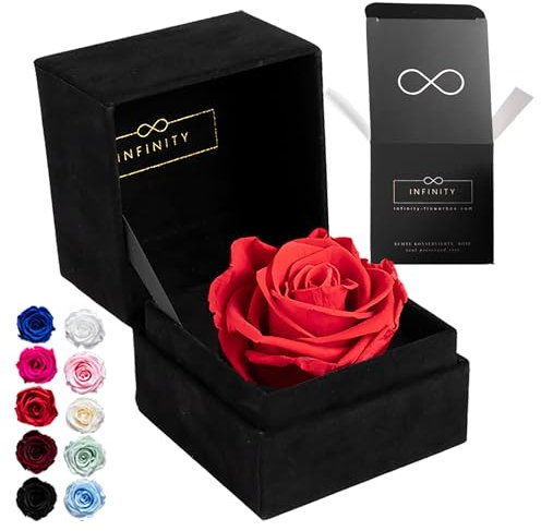 Infinity Flowerbox - 1 Echte Ewige Rose in aufklappbarer Rosenbox (3 Jahre haltbare konservierte Rose). Direkt in Geschenkbox als edles Geschenk für Frauen