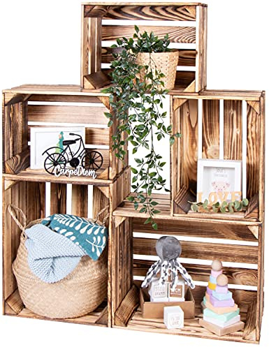 LAUBLUST Vintage Holzkisten 5er Set Geflammt - 50x40x30cm / 40x30x25cm | Weinkisten & Obstkisten | Deko- & Möbelkisten