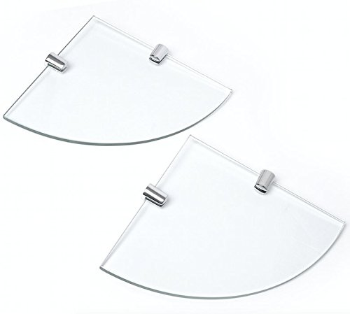 BSM Marketing Eckregale aus gehärtetem Glas, transparent, 180 mm, 6 mm dick, für Badezimmer, Schlafzimmer, Büro, mit verchromten Regalstützen, 2 Stück