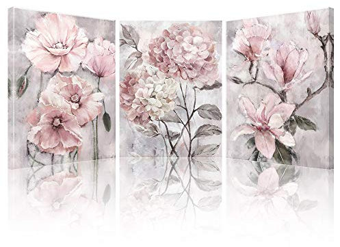 SUMGAR Pink Wall Art Flowers Canvas Prints Floral Pictures Modern Paintings Grey Artwork Framed for Bedroom Bathroom Living Room Home Wall Decor 30x40cm 3 Panels