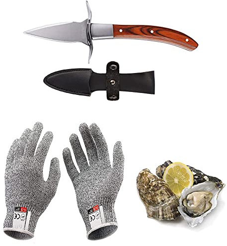 Austernmesser Oyster Knife Set Austernöffner Schnittfeste und Handschuhe für Muscheln Oder Hartkäse Geeignet Holzgriff Edelstahl (Rot, Medio/M)