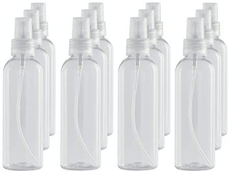 Botella Spray Pulverizador de plástico Transparente Pet 100 ml. hermética y Reutilizable. Nebulización Fina idónea para Limpieza, humectar, Plantas, ambientador y Perfume. (12 Unidades)