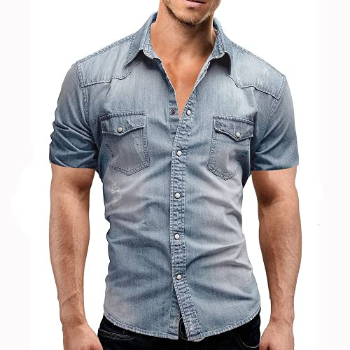 Men Denim Thin Shirt Short Sleeve Soft Cotton Two Pockets Slim Slight Elastic Jeans Cowboy Shirt (light blue,Large)