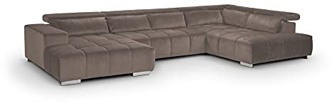 Mivano Wohnlandschaft Orion / Riesige Couch in U-Form inkl. XL-Recamiere und Kopfteilfunktion / 409 x 73 x 225 / Velours, Grau