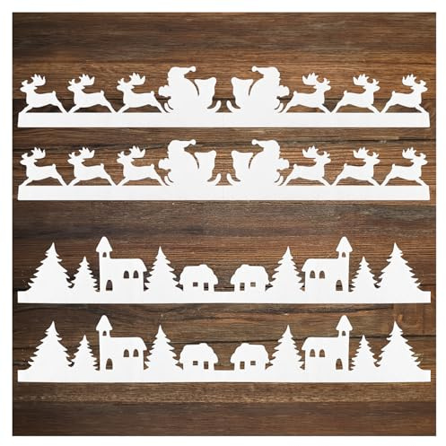 com-four® 4× 180 cm Winter-Dekogirlande, 7,2 Meter Deko-Band mit Schlitten | Weihnachtsmann und Winterstadt - weihnachtliche Tischdeko - Tischläufer für Weihnachten