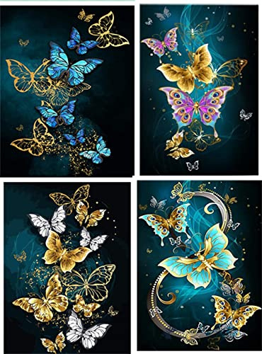 Meecaa Diamond Painting Set Full Bilder 4-teiliges Set goldener Schmetterling farbige Blumen, 5D Diamant Painting Diamant Malerei mit Zubehör 30x40cm (Schmetterling und Blume)