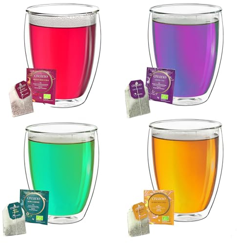 Creano doppelwandige Gläser 250ml „DG-Hoch“, 4er Set + 4x hochwertiger Creano Kräutertee oder Früchtetee gratis