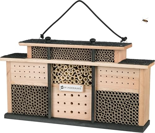 WONDERMAKE® Design Insektenhotel aus Holz mit 7 Zimmern und Terrasse, Bienenhotel groß hängend Nisthilfe für Wildbienen, braun schwarz