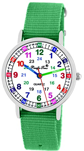 Pacific Time Montre-bracelet pour enfant fille garçon montre d'apprentissage en textile bracelet de rechange analogique à quartz, 10903 - Vert, lanière
