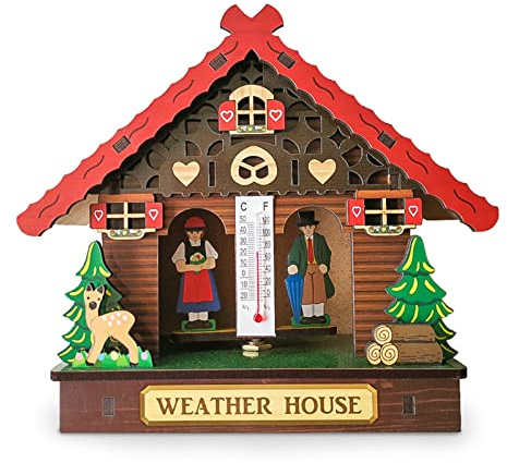 oiakus Stazioni meteorologiche, casa meteorologica nella Foresta con Uomo e Donna in Legno, barometro, barometro, termometro e igrometro, Decorazione per la casa, Ornamenti da Parete