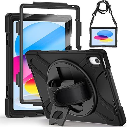 Gerutek Cover per iPad (A16) 11a /10a Gen (2025/2022) 11/10,9 Pollici, Nero | Custodia Robusta Antiurto con Pellicola Protettiva Supporto Girevole a 360°,Cinghia per Mano/Spalla, Portapenne