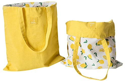 PLATEYTR Doppelseitige Leinentasche aus Baumwolle und Leinen,Stoff Tasche, Einkaufstasche, Baumwolle Schulter Reversible Leinwand Messenger Bag für Damen,Kinder(Zitrone,40cm x 36cm)