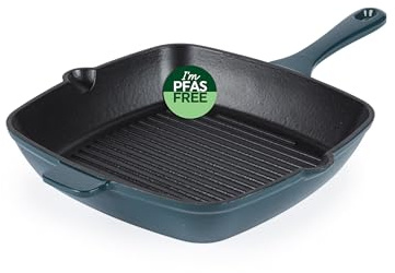 Salter Chester Cast Iron Griddle Pan 26 Cm, Green | Ridged surface for grill lines, fat-draining channels, induction hob suitable, oven safe to 240°C, PFAS-free coating
