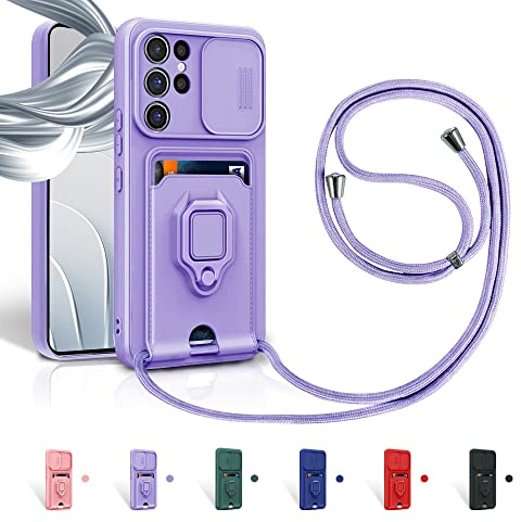 Aithne Case für Samsung Galaxy S23 Ultra 5G Handykette Hüll,Slide kameraschutz,Silikon Handyhülle zum Umhängen Kette,360 Grad Ringhalter Stand Kartenfach-Lila