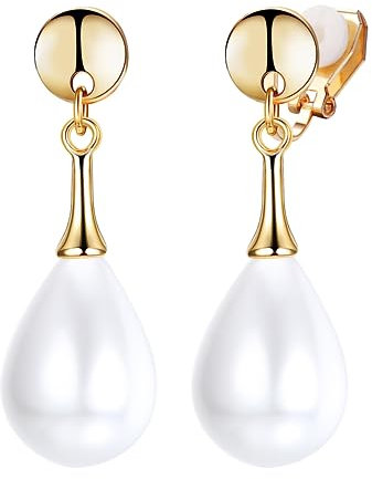 Adramata Perlen Ohrclips für Damen Lange Baumelnde Perlen Clip Ohrringe Silber Tropfen Perlenohrringe Hochzeitsohrringe Ohrclips Damen Ohne Ohrlöcher,4