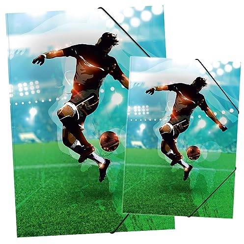 itenga Set Zeichenmappe DIN A3 und Sammelmappe DIN A4 mit Motiv - Gummizugmappe Sammelmappe - für Kinder Jugendliche Schüler Mädchen Jungen (Set A3 und A4 Motiv Fussball) (Fussball Set)