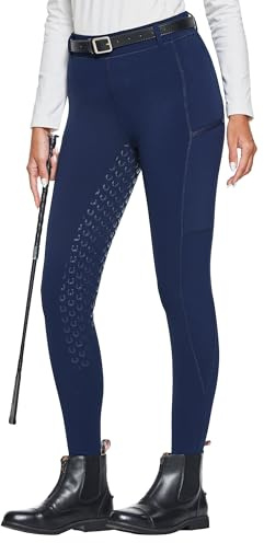 FitsT4 Sports Damen Winterreitleggings Fleece-Reithose Silikon Vollbesatz Reithose mit Reißverschluss-Taschen und Gürtelschlaufen,Militärblau,L