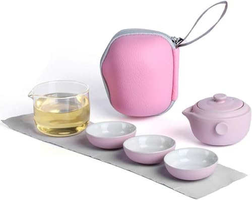 LeGDOr Tee-Set Reise-Teekanne, tragbar, Rosa, Vintage-Keramik-Teekanne, 3 Teetassen mit tragbarer Tasche, Kungfu, handgefertigt/verwendet für Picknick im Freien (Color : Pink, Size : 13 * 12cm)