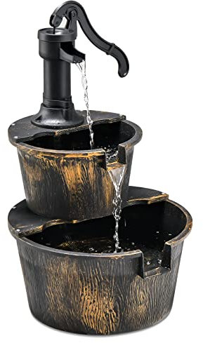 GOPLUS Fuente Jardín Exterior, Fuente Decorativa de 2 Niveles con Bomba Ajustable, Fuente en Cascada de PP, Decoración para Jardín, Terraza, Patio, 45,5 x 41 x 68 cm