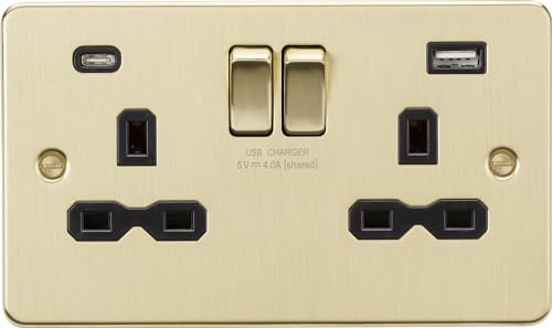 13A 2G SP Switched Socket with Dual USB A+C (5V DC 4.0A shared) - Brushed Brass with black Insert