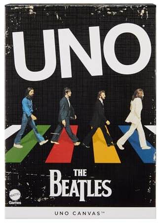 Mattel Games - UNO Canvas korten för barn, vuxna och familjefester med illustrationer och bilder inspirerade av Beatles, musiktemaspel, HYH42, flerfärgad