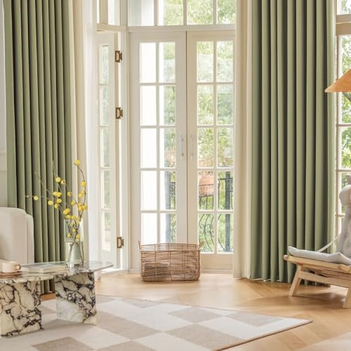 Matcha Grün und Creme Vorhänge für Schlafzimmer, Jacquard Einfarbiges Patchwork Blickdichte Gardienen Curtains 2 Stück Moderne Fenster Verdunklungsgardine Baumwolle, H 244 x B 107 cm(Höhe x Breite)