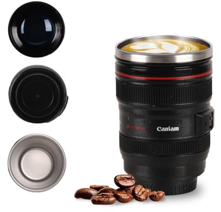 Smarthers Taza de café con Lente de cámara, Vasos de Lente de Acero Inoxidable sin BPA, Taza de Viaje a Prueba de Fugas, Botella de Agua con Tapa, Taza de Lente EF24-105 mm f/4.0 USM