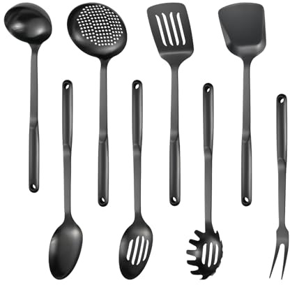 304 Stainless Steel Cooking Utensils Set, 8PCS Kitchen Utensils Set, Include Skimmer, Soup Ladle, Spaghetti Server, Wok Spatula, Slotted Spoon, Solid Spoon, Slotted Spatula Turner & Meat Fork, Black