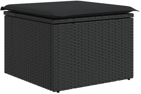 Makastle Gartenhocker, Poly Rattan Fußhocker mit Kissen, Fußauflage, Balkon Sitzhocker, Rattanhocker für Garten Terrasse, Schwarz 55x55x37 cm