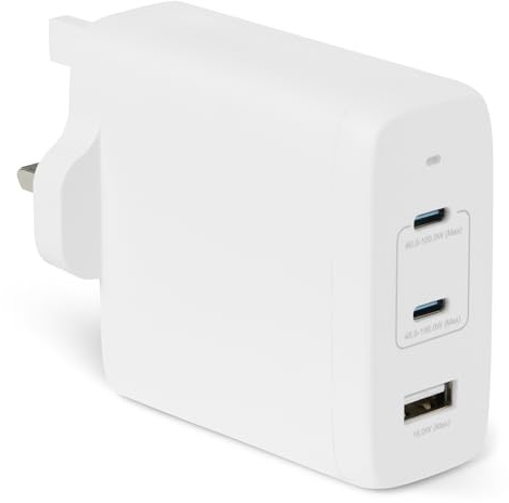 Amazon Basics Fast Charging USB C Nano GaN Wall Charger, 120W 3-Port for Laptops, Tablets, Phones, White
