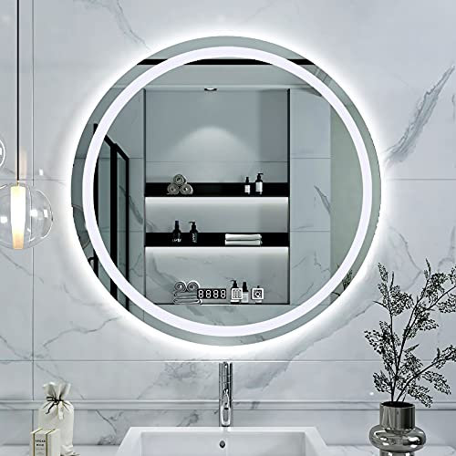 GLMGBP Runder LED-Badezimmerspiegel, an der Wand montierter Antibeschlag-Kosmetikspiegel mit Beleuchtung, rahmenloser Schminkspiegel mit Touch-Taste, dimmbar, mit Zeit-Temperatur-Anzeige