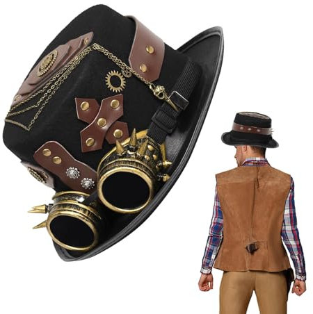 Steampunk-Hüte mit Brille, Steampunk-Hüte für Herren, Halloween-Hut mit abnehmbarer Brille, Kostüm-Verkleidung für Halloween, Kostümpartys, Maskerade, Cosplay.