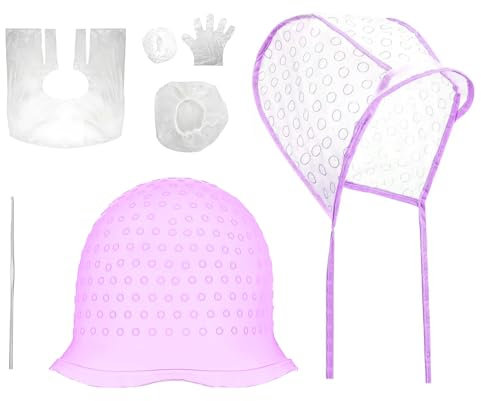 Strähnenhaube Strähnchenhaube Silikon Strähnchen Set Stränchen Haube Wiederverwendbar Strähnchenhaube Weich Waschbar für Frauen und Mädchen Haarfärbe und Haarstylinggeräte mit Häkelnadel（Lila）