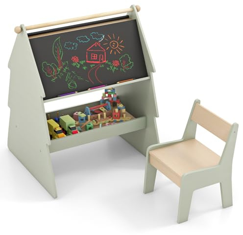 HOMASIS 2 in 1 doppelseitige Kindertafel, Holz Staffelei mit Kreidetafel & Papierrolle, Kinderstaffelei im Baumform mit Stuhl & Ablage, Standtafel Maltafel für Kinder ab 3 Jahren, Grün, 68x60x80 cm