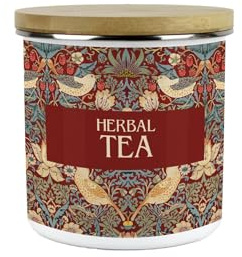 Purely Home Red Strawberry Thief Herbal Tea Storage Canister - Morris Inspired Tapestry Artwork Homeware Gifts - Medium Metal Enamel Kitchen Hot Drinks Storage Container 600ml